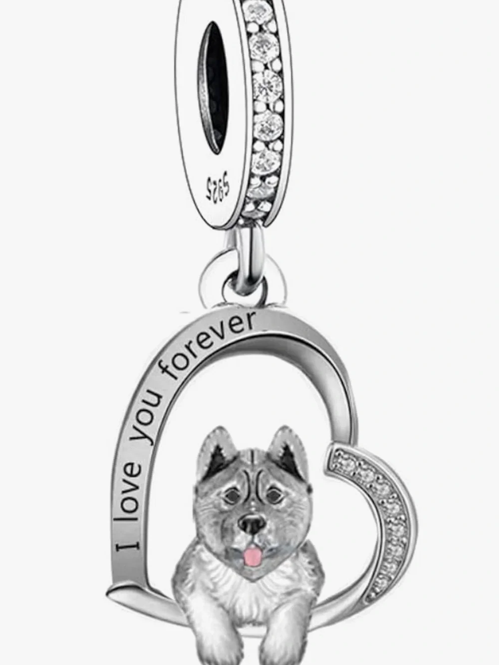 Sterling Silver 'I Love You Forever' Dog Heart Charm - Grey/White